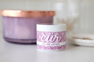 A closeup photo of a 2:1 cür lotion jar - different shades of purple with white